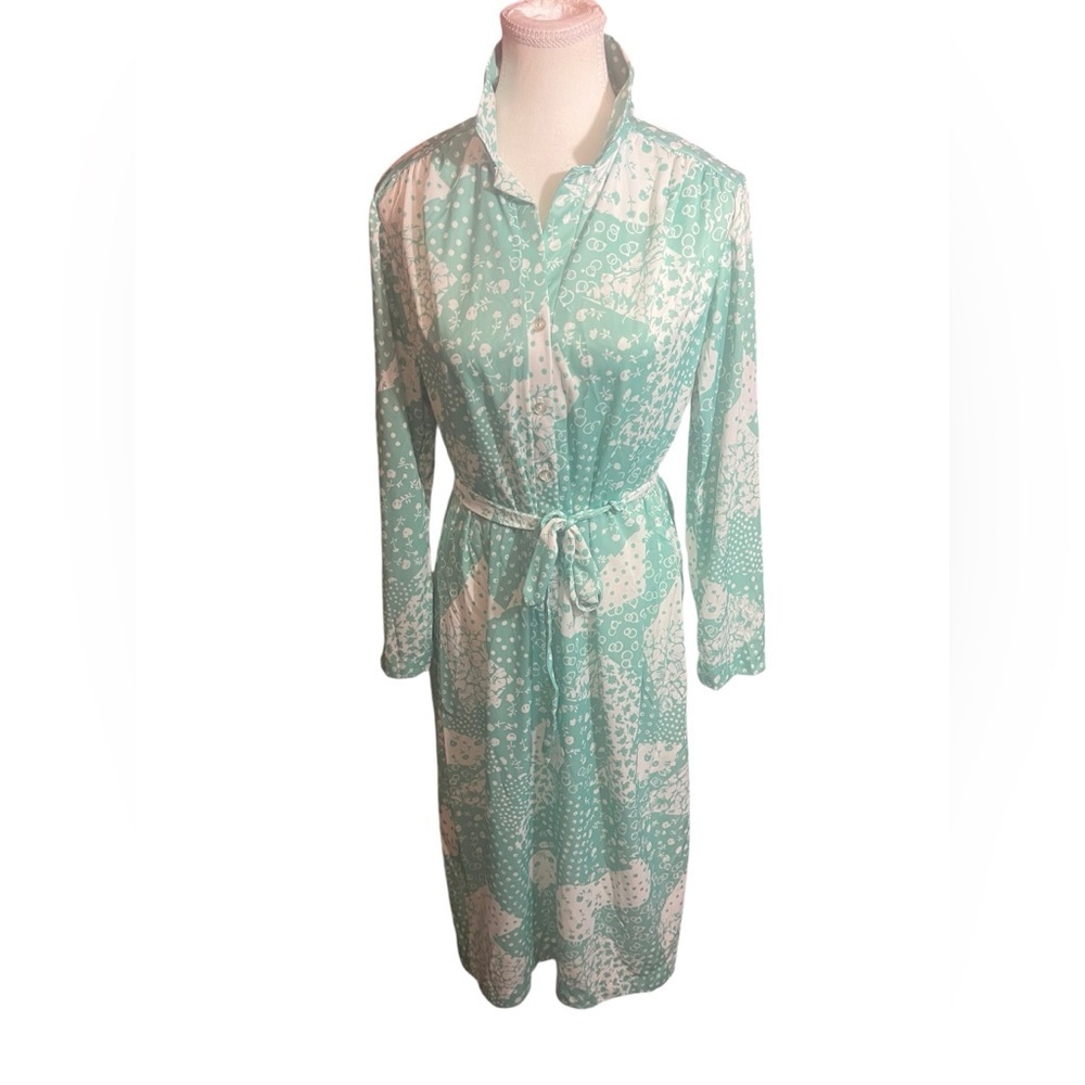 Vintage 60s long shirt dress w belt light teal and white fun design 60s office M